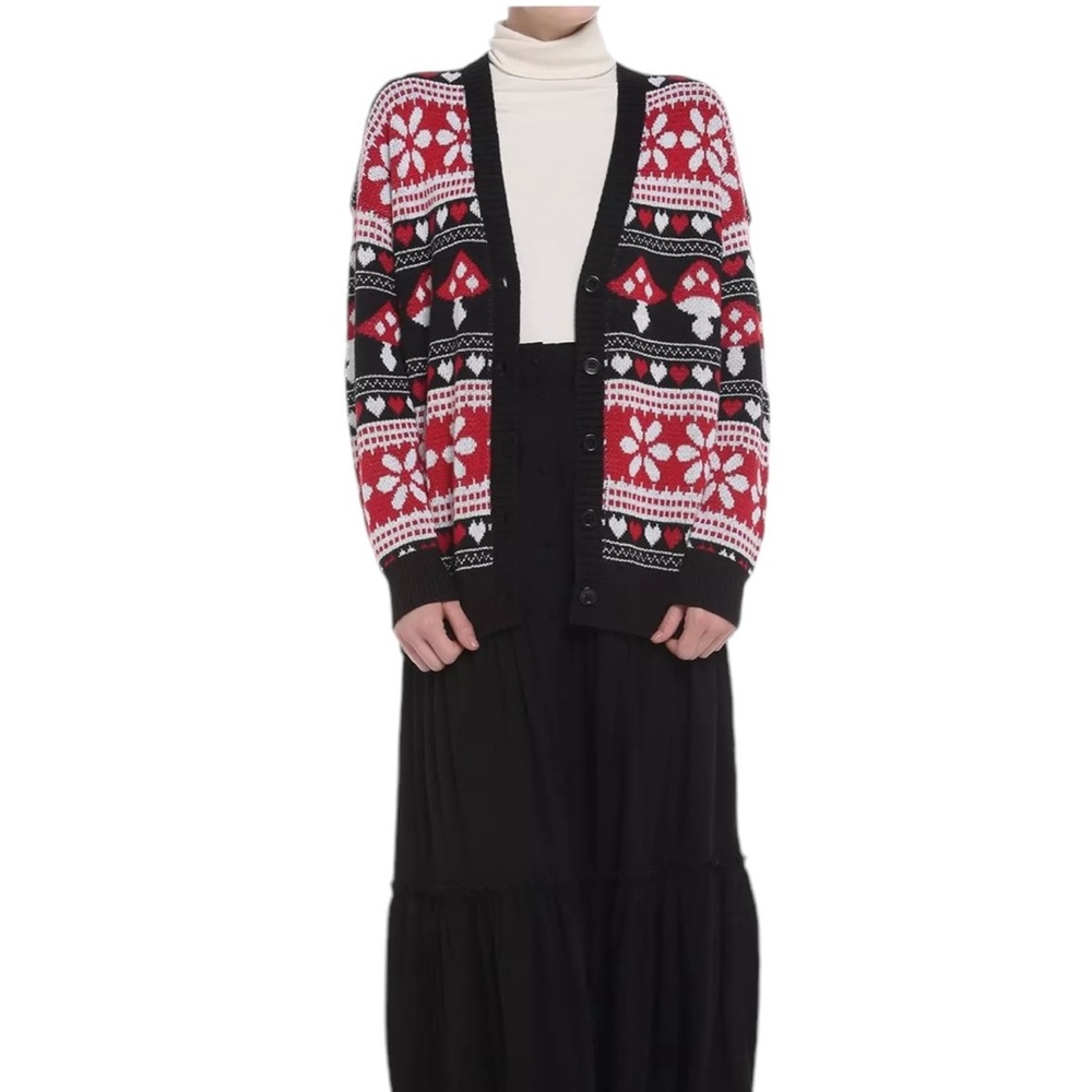 Hot Topic x Thorn & Fable Mushrooms and Hearts Fair Isle Oversized Cardigan